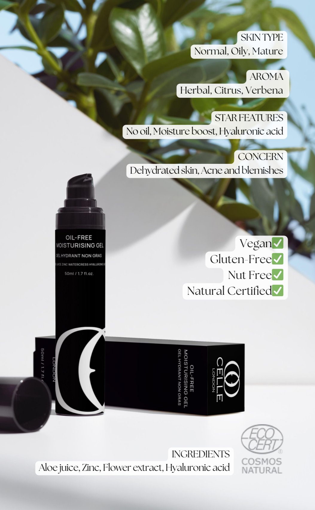 Pure Hydration Moisturiser 50ml Oil-Free Moisturising Gel CELLE London Skincare Facecare